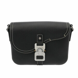 CHRISTIAN DIOR Saddle Flap Messenger Bag Black Grained Calfskin Shoulder